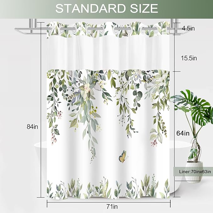 No Hook Shower Curtain and Liner Set, Sage Green Eucalyptus Floral Shower Curtains for Bathroom, Bath Curtain Sets with Snap in Liner, Waterproof with See Through Top Window, 71x84 Inches