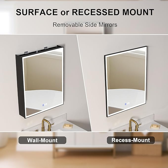 WELLFOR 24" X 30" LED Mirrored Medicine Cabinet, Medicine Cabinets with Lights for Bathroom, Defogging Mirror, Led Medicine Cabinet, Recessed or Surface Mounted, Single Right Opening Door
