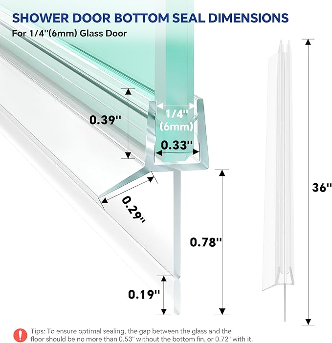 2-Pack Frameless Shower Door Bottom Seal (1/4" X 36") Clear Glass Seal Strip Shower Door Sweep - Stop Shower Leaks