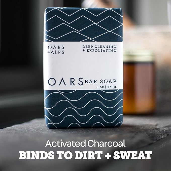 Oars + Alps Blue Charcoal Exfoliating Men's Bar Soap, Made with Clean Ingredients, Travel Size, 3 Pack, 6 Oz Each