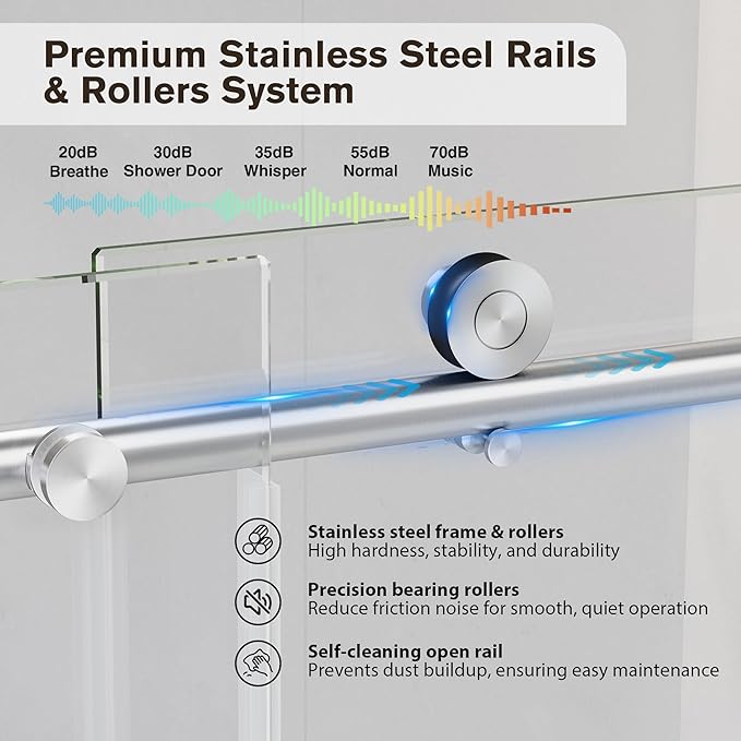 Frameless Glass Shower Door, 49-54" W x 76" H Sliding Frameless Shower Door, 1/4''(6mm) SGCC Tempered Glass, Explosion-Proof Film Nano Coating, Stainless Steel Hardware, Brushed Nickel