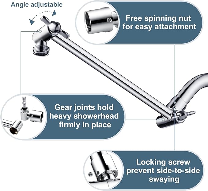 BRIGHT SHOWERS Brass Shower Head Extension Arm for Rain and Handheld Shower Head, 10 Inch Universal Shower Arm Extender, Height & Angle Adjustable, Chrome