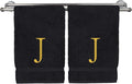 Monogrammed Hand Towel, Personalized Initial Gift, Extra Absorbent 100% Turkish Cotton - Soft Terry Finish - Set of 2 - Gold Block Initial J - Embroidered on Black Towels