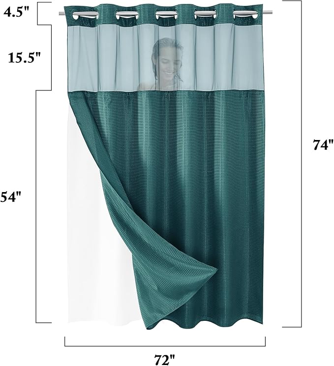 Gibelle No Hook Waffle Weave Shower Curtain with Snap-in Fabric Liner Set for Bathroom, Hotel Style with Mesh Top Window, Waterproof & Washable, Seaweed Green, 72x74