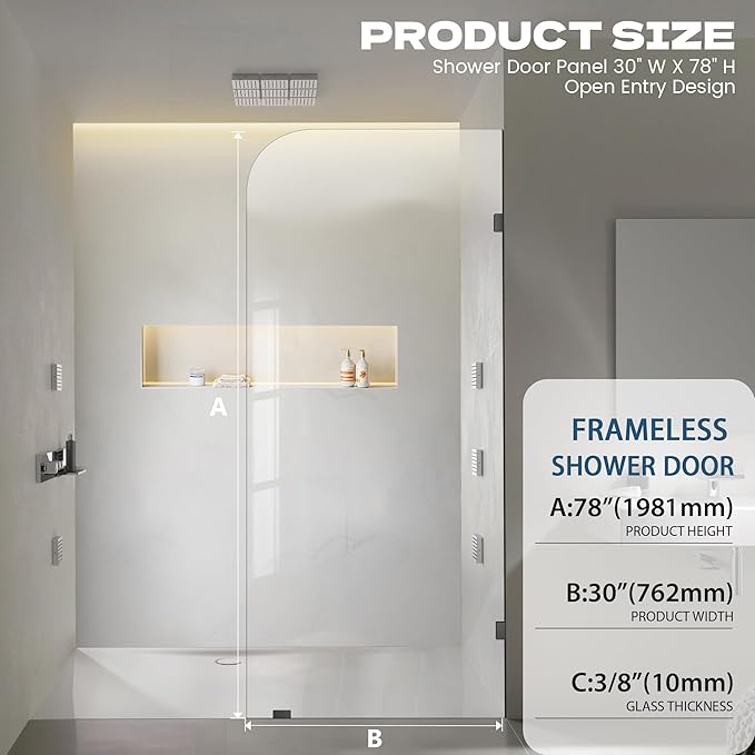 30" W ×78" H Shower Glass Panel, Frameless Fixed Glass Shower Panel with Clamps, 3/8"(10mm) Thick Clear Tempered Glass Shower Door, Bathroom Shower Screen in Matte Black