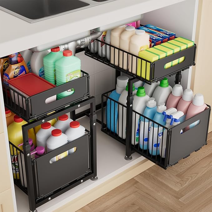 MIKEE Under Sink Organizer, 2 Tier Under Sink Organizers and Storage,Bathroom Cabinet Organizer with Adjustable Height, Pull Out Sink Shelf Cabinet Storage Shelves for Kitchen& Bathroom, Black