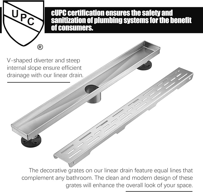 HEATGENE 12-Inch Linear Shower Drain in Brushed - Stainless Steel Rectangular Shower Floor Drain - Removable Decorative Cover - Adjustable Leveling Feet - CUPC Certified