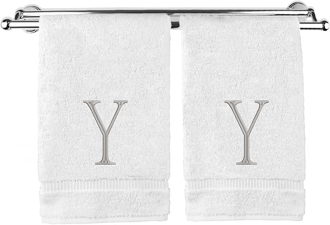 Monogrammed Hand Towel, Personalized Initial Gift, Extra Absorbent 100% Turkish Cotton - Soft Terry Finish - Set of 2 - Silver Block Initial Y - Embroidered on White Towels