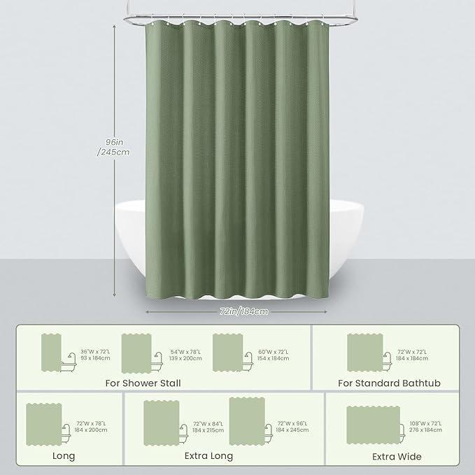 Inhousolu Fabric Shower Curtain Waffle Weave, Sage Green 230 GSM Heavy Duty, Weighted Hem, 14 Metal Hooks, Water Repellent, Machine Washable, Hotel Spa Luxury Bath Curtain Set, 72 x 96 Inch
