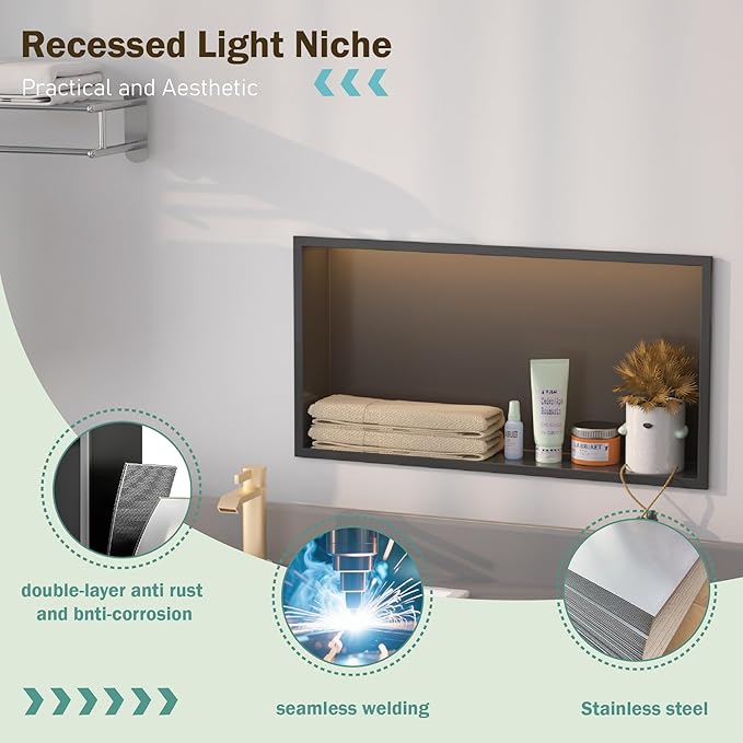 Shower Niche No Tile Needed with Waterproof LED Light Strip for Bathroom Storage， Bathroom for Shower Wall Lighted Niches，Stainless Steel Waterproof Shelf，Matte Black （ 24 x 12 in）