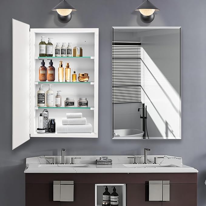 Bathroom Medicine Cabinet with 16x26 in Rectangular Beveled Frameless Mirror,Wall Mounted Mirror Cabinet for Bathroom Toilet Kitchen,Recess or Surface Mount,Already Assembly