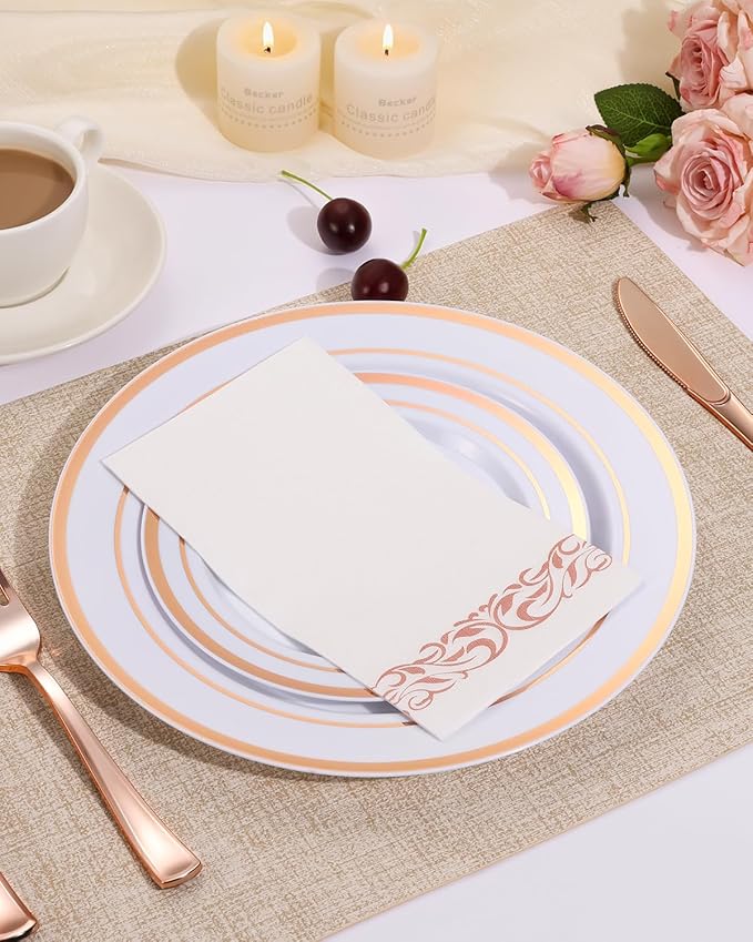 Goodluck 200 Pack 3-Ply Disposable Napkins - Soft & Absorbent Paper Hand Towels for Bathroom Guests, Dinner Party, Kitchen,Christmas， Wedding & Events, Parties - Rose gold Trim