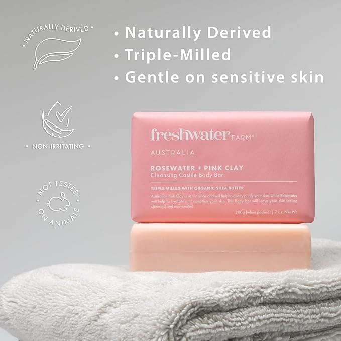 Freshwater Farm Australia Castile Natural Bar Soap | Rosewater + Pink Clay | Australian Made + Family Owned | Triple-Milled with Australian Pink Clay | Recyclable Paper Wrap | 200g x 8pk