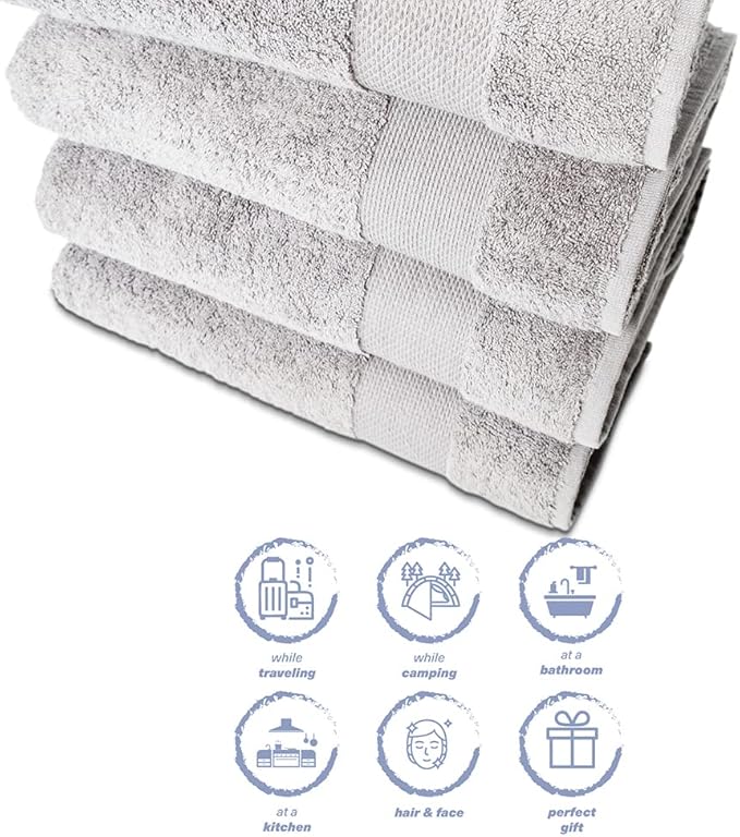 Hencely Premium Bath Towel Set of 4-28x58 Inches - High Absorbency, Quick Drying - 100% Soft Turkish Cotton Towels - Ideal for Home, Bathroom, Hotel, Spa, and Gym - Silver