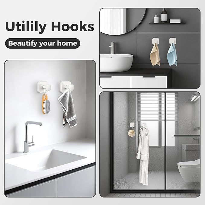 Shower Hooks for Inside Shower,Reusable Suction Cup Hooks for Glass Window,Mirror,Removable Towel Hooks for Bathroom,2 Pack(White)