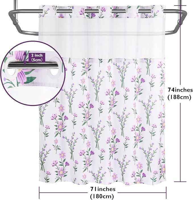 Lagute SnapHook Floral Shower Curtain with Snap-in Liner for Bathroom| No Hook Needed| Mesh Top Window| Machine Washable| Hotel Grade| 71Wx74L，Purple Bouquet