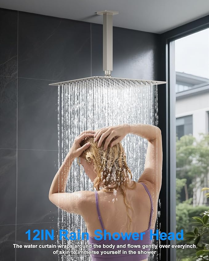 Shower System with Pressure Balance Valve, 12" Ceiling Mount Shower Faucet Set with 2 Rain Shower Head And Multi-function Handheld Head Push Button Diverter Pressure Balancing Valve Kit,Brushed Nickel