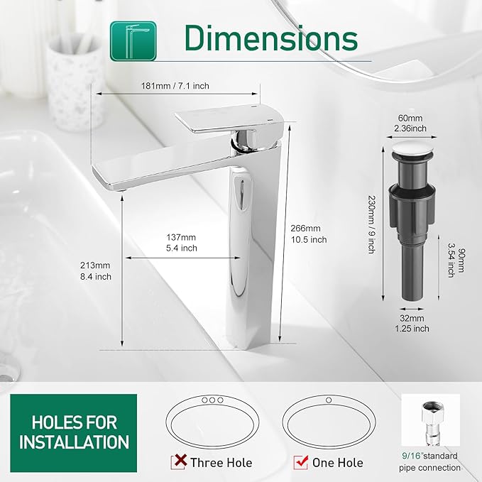 VOTON Vessel Sink Faucet Single Handle Tall Bathroom Sink Faucet Chrome Bathroom Vanity Faucet Basin Mixer Tap with Water Supply Lines and Pop Up Drain,Solid Brass