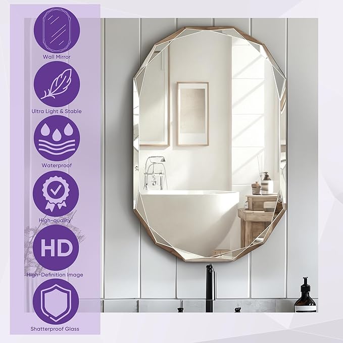 Bathroom Mirror for Wall, 20" x 30" Oval Mirror, Bathroom Vanity Mirror, Beveled Edge Frameless Wall Mount Vanity Mirrors, Wall Mirrors Decorative, Irregular Beveled Edge Mirror