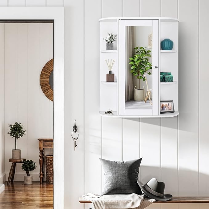 COSTWAY Wall Mounted Bathroom Cabinet, Storage Organizer with Mirror Door, 3 Adjustable Shelves & 6 Open Racks, Space-Saving Hanging Medicine Cabinet for Living Room Kitchen Entryway, White