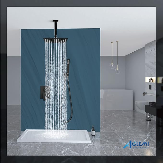 Aolemi Matte Black Ceiling Mount Rain Shower Head with Handheld Spray and High Pressure Faucet Set, Includes 16 Inch Shower Head and Trim Kit
