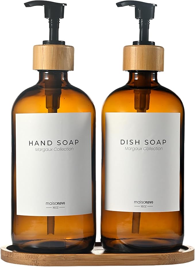 Maisonovo Glass Soap Dispenser Bathroom Set | Hand Soap and Dish Soap Dispenser Set | 16.9oz Amber Bottles with Black Bamboo Pump | Bathroom Lotion Dispenser with Pump Set of 2