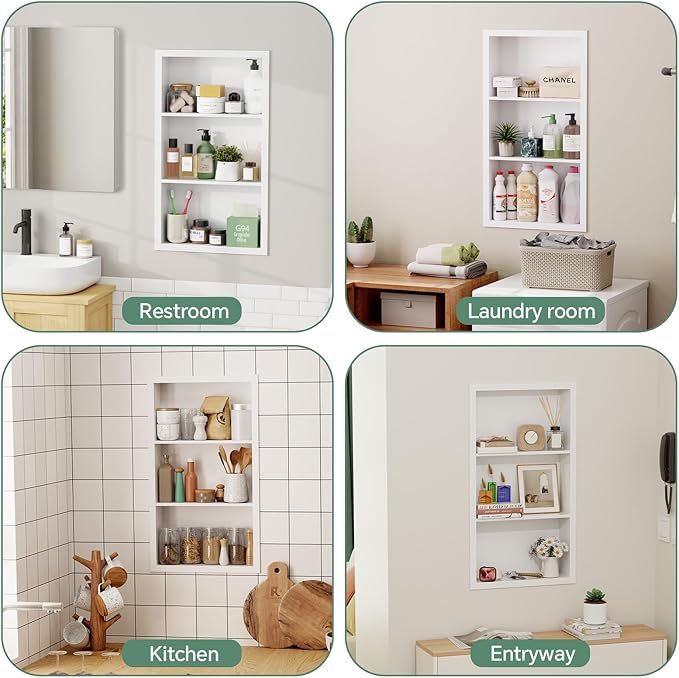 Stainless Steel Recessed Medicine Cabinet 14''*24'', Rust-Proof Metal Wall Niche, in Wall Shower Niche Shelf Insert Replacement, Recessed Medicine Cabinets for Drywall, Bathroom Storage, White