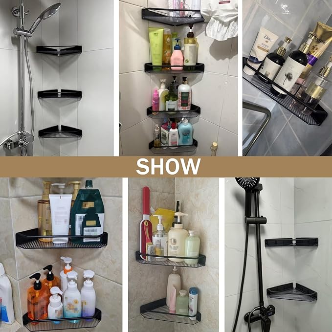 Corner Shower Caddy, 4 Pack Adhesive Bathroom Shelves，Acrylic Shower Shelf Rack, No Drilling Bathroom Organizers and Storage Racks,Black (4 Pack)