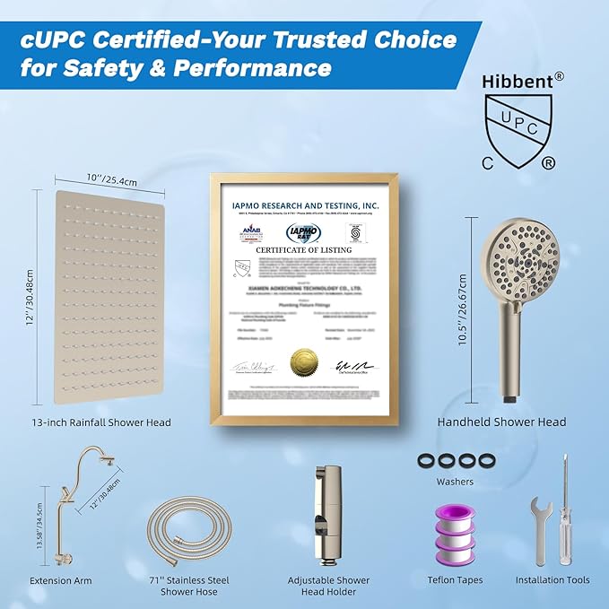 Hibbent cUPC Certified All Metal 12" Rainfall Showerhead Combo, High Pressure Shower Head with 10-Sprays Handheld, Innovative 4-way Diverter with Pause Mode, 71'' Shower Hose & Holder, Brushed Nickel