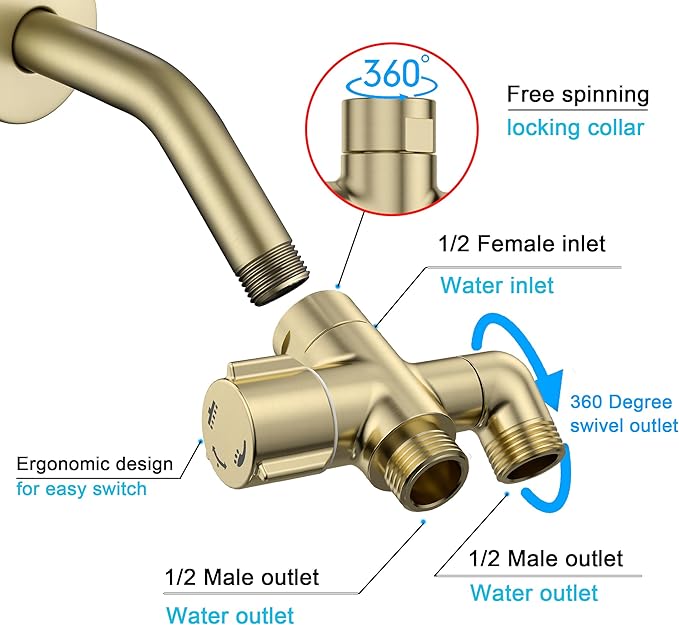 Solid Brass 3-Way Shower Arm Diverter Valve for Handheld Shower Head and Fixed Spray Head, G1/2 Universal Bathroom System Component Replacement Part (Brushed Gold)