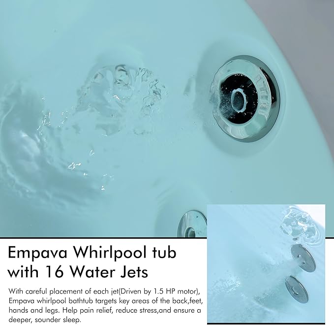Empava 71" two Person Acrylic Whirlpool Bathtub with 16 Hydro-Massage Jets & Chromotherapy Rectangular Alcove Jetted Soaking Tub, Acrylic SPA Bath Tub, ETL Certified Waterfall Faucet, White
