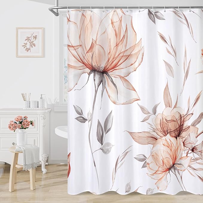 Long Boho Watercolor Floral Shower Curtain 72 x 78, Orange and Grey Ink Painting Style Flower Shower Curtains for Chic Elegant Bathroom, Artistic 78 Inch Long Fabric Shower Curtain