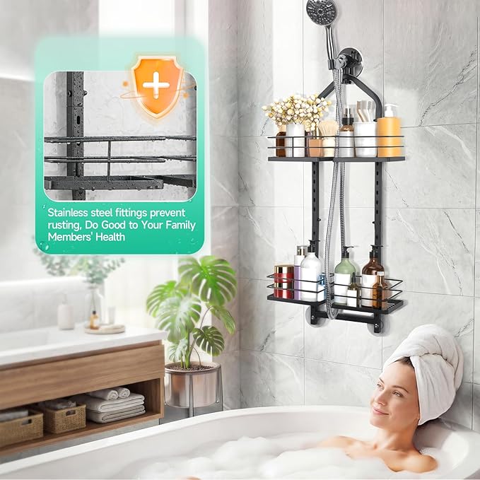 Shower Caddy Hanging for Handheld Showerheads Adjustable Height Extra Long Bathroom Storage Organizer Hanger Rack Rustproof Hose Shower Organizer 4 Levels Height Shower Rack（Black