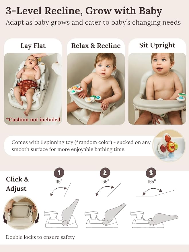 Cuddobaby Baby Bath Seat 3-in-1 【360° Protection Against Side Tipping, 3-Level Adjustable】 ASTM Approved Safety, Detachable Arm, Sitting Up or Lying, Strong Suction, Fit for Flat Surfaces - Gray