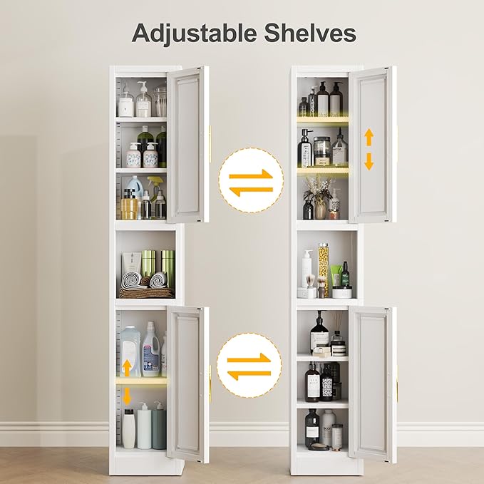 Tall Narrow Storage Cabinet 66.93" H Tall Bathroom Cabinets Metal Pantry Cabinet, 4 Adjustable Shelves for Kitchen, Home Office, Living Room, Dinning Room (11.8 inches Wide White)