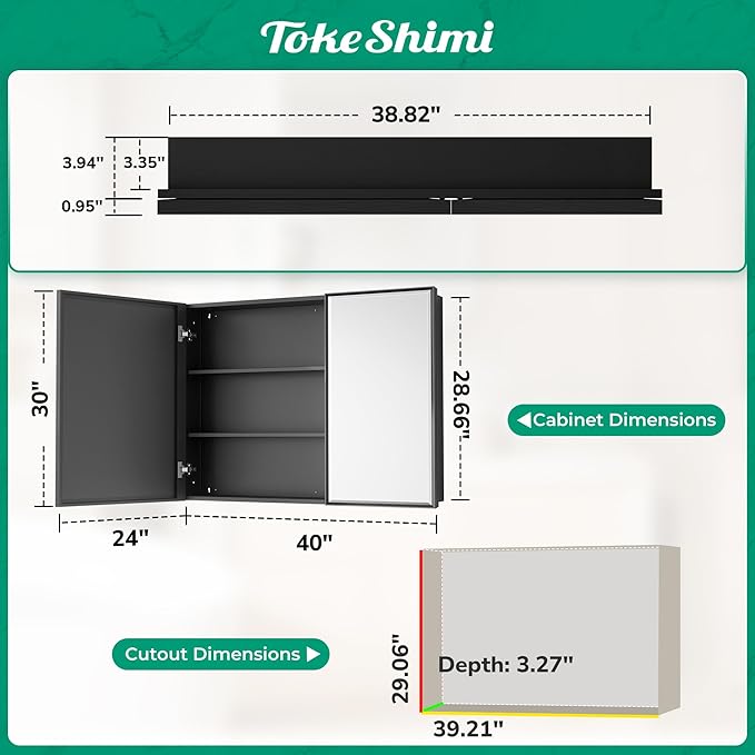 TokeShimi 40x30 Beveled Mirror with Storage Bathroom, Black Recessed Medicine Cabinet with Mirror Aluminum, Wall Mount Metal Recessed Medicine Cabinets for Bathroom