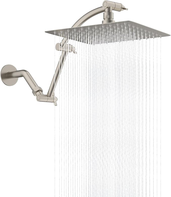 Hibbent All Metal cUPC Certified Rain Shower Head, 10'' High Pressure Rainfall Showerhead with 16" Shower Head Extension Arm, Brass Adjustable Shower Arm Extender, fixed Showerheads, Brushed Nickel