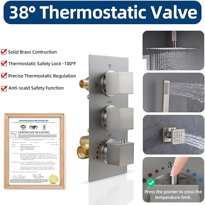 HOMEDEC Brushed Nickel 3 Way Shower Valve Thermostatic Anti-scald with 3 Square Knobs, Water Diverter Temperature Control Brass Rough-in Valve