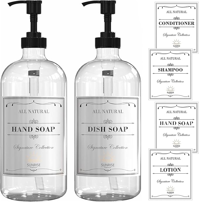 16 OZ Thick Clear Glass Soap Dispenser with Pump 2 Pack, Hand and Dish Soap Dispenser Set for Bathroom and Kitchen with 6 Waterproof Labels