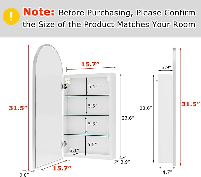 FKWin Arched Sliver Bathroom Medicine Cabinet with Mirror, Left or Right Opening, Bathroom Vanity Mirrors with Storage, Surface Mount Medicine Cabinet not Recessed, Silver, 16x32 inch