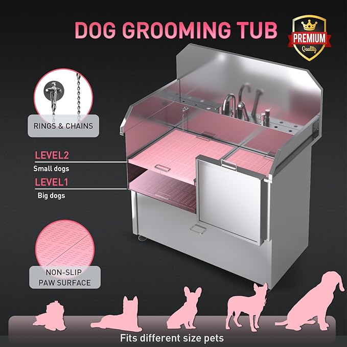 Dog Washing Station – 50 inch Professional 304 Stainless Steel Grooming Tub w/Ramp, Drawer, Faucet & Floor Grate, Dog Bathing Station for Large, Medium & Small Pets, 19" Leak-Proof Deep Soak