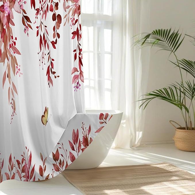 No Hook Shower Curtain and Liner Set, Red Eucalyptus Floral Shower Curtains for Bathroom, Bath Curtain Sets with Snap in Liner, Waterproof with See Through Top Window, 71x84 Inches
