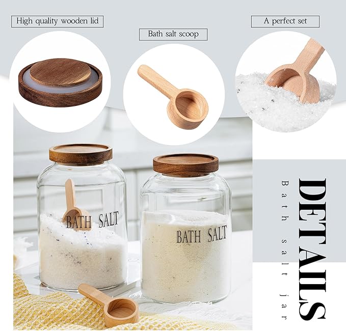 2 Sets 74 oz Large Bath Salt Container with Wooden Scoop for Glass Bath Salt Jar with Airtight Lid Storage Canister for Food, Flour, Sugar, Cookie, Kitchen