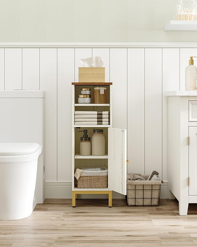 Bathroom Storage Cabinet, Corner Floor Cabinet with Shelves, Customized Door Opening Direction, Bathroom Organizer with Adjustable Shelf for Kitchen, Living, Toilet Paper Cabinet, White Brown