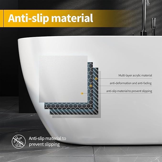 Bathtub with Upturned Ends, CUPC Chrome Drain and Overflow, White Interior and Black Exterior, Built-in Overflow, Fiber-Coated Fixing Bracket