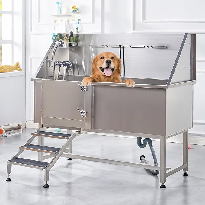 Albott 60 Inch Stainless Steel Dog Washing Station with Anti-Slip Steps, Sprayer, Faucet, Soap Box & Tow Rope – Professional Pet Bathtub for Large Dogs, Great for Home, Garage or Grooming (Left)