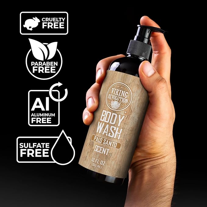 Viking Revolution Palo Santo Body Wash for Mens Shower Gel - Moisturizing Mens Body Wash with Vitamin E and Aloe Vera - Shower Gel Body Wash Men (12 Fl Oz, Pack of 1)