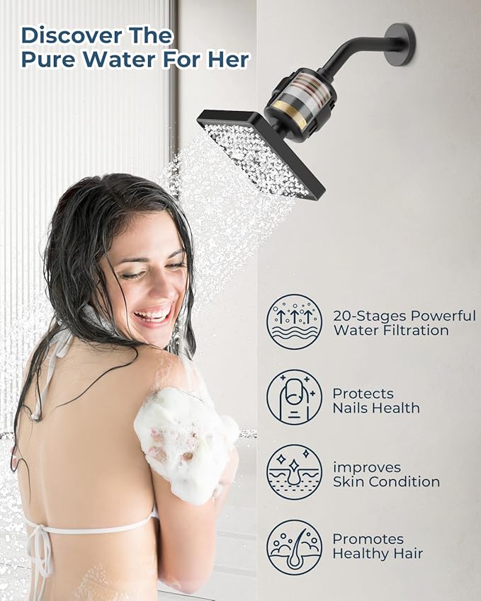 Shower Faucet Set, Ceiling Mount Shower System 10-inch & 6-inch Filtered Black Shower Head and Handle Set, Dual Shower Heads with 3 in 1 Handheld Spray and Valve & Trim Kit