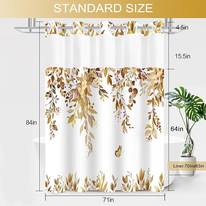 No Hook Shower Curtain and Liner Set, Yellow Eucalyptus Floral Shower Curtains for Bathroom, Bath Curtain Sets with Snap in Liner, Waterproof with See Through Top Window, 71x84 Inches