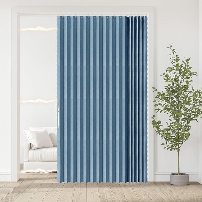 Accordian Door Curtain, 100% Blackout Folding Magnetic Doorway Curtains,Linen Style Closet Doors,for Room Divider,Privacy Protection（W72 x L78,Blue,1 Panel）